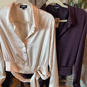 Express Satin Button-Front Tie-Hem Blouse - Cream & Plum